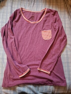Sonoma Girls' Long Sleeve Pocket Tee in Plum with Coral-Striped Trim